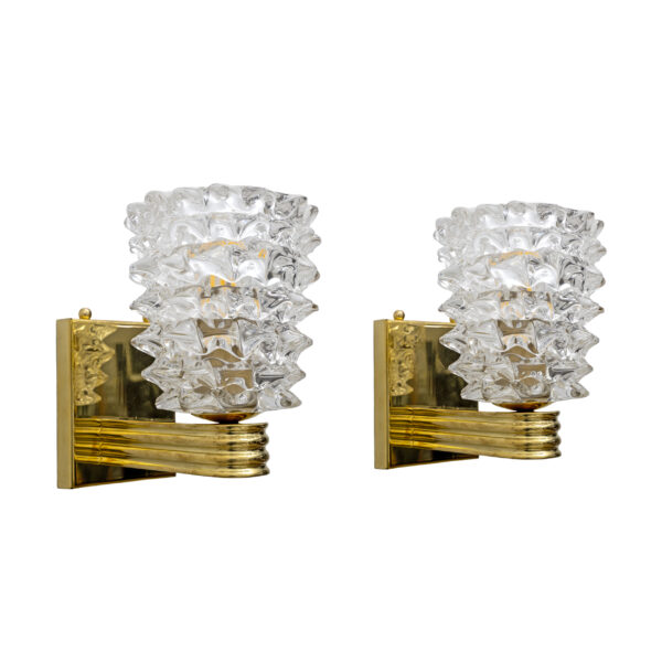 Barovier & Toso Style Brass and Rostrato Murano Glass Sconces