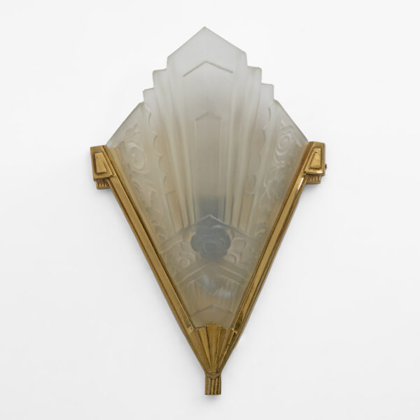 Four of Art Deco Pressed Glass and Brass Sconces, France, 1930s