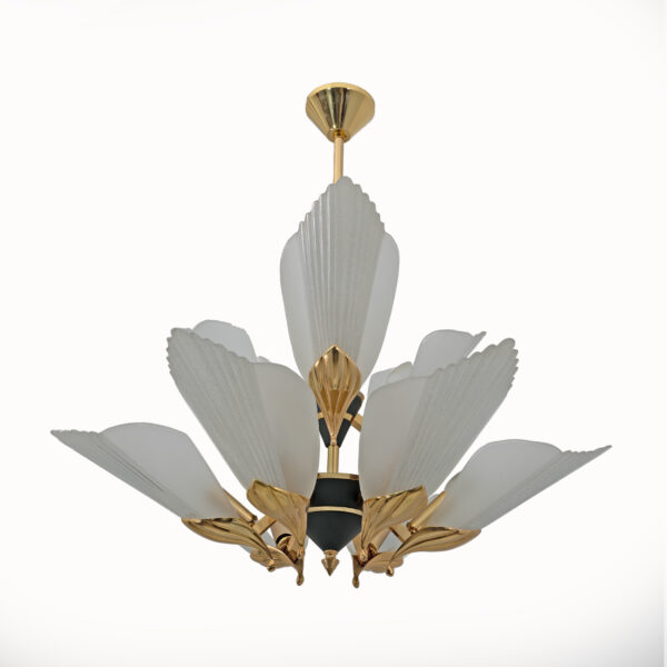 Nine-light Chandelier Brass and Acid-etched Glass by F. Fabbian