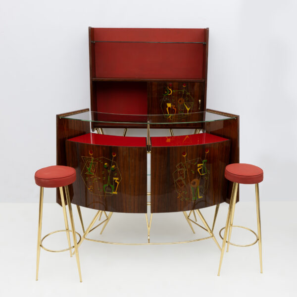 Brass and Walnut Bar Cabinet with 2 Stools, Italy, 1950s