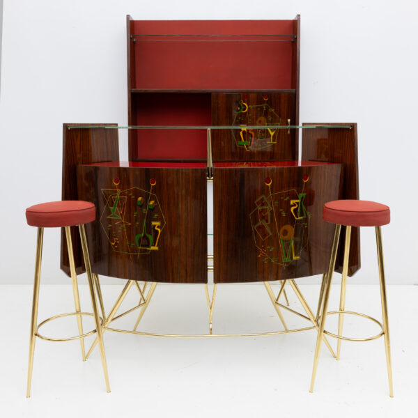 Brass and Walnut Bar Cabinet with 2 Stools, Italy, 1950s - Image 3