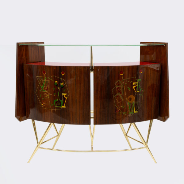 Brass and Walnut Bar Cabinet with 2 Stools, Italy, 1950s - Image 2