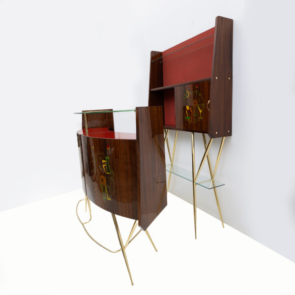 Brass and Walnut Bar Cabinet with 2 Stools, Italy, 1950s - Image 12