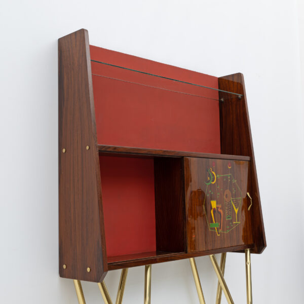 Brass and Walnut Bar Cabinet with 2 Stools, Italy, 1950s - Image 11