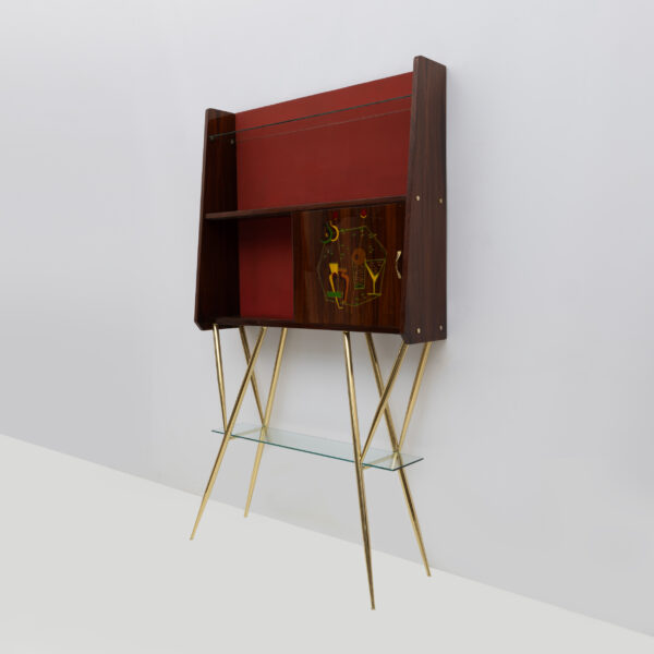 Brass and Walnut Bar Cabinet with 2 Stools, Italy, 1950s - Image 10