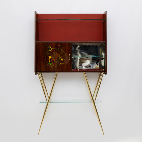 Brass and Walnut Bar Cabinet with 2 Stools, Italy, 1950s - Image 9