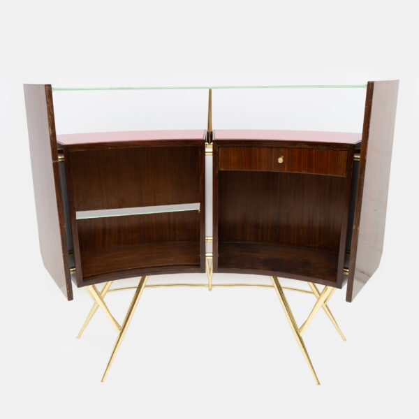 Brass and Walnut Bar Cabinet with 2 Stools, Italy, 1950s - Image 6