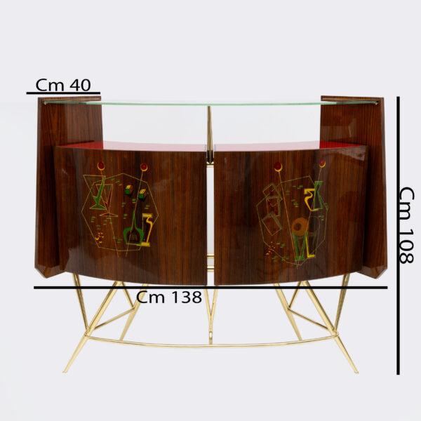 Brass and Walnut Bar Cabinet with 2 Stools, Italy, 1950s - Image 5