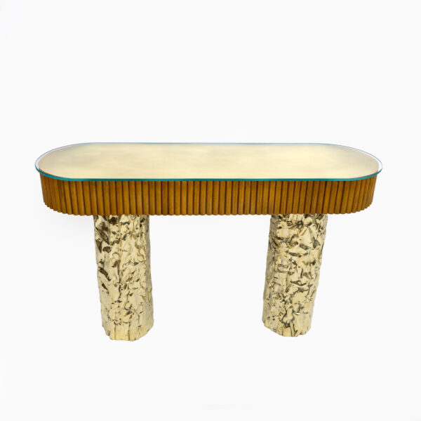 Mid-Century Style Wood and Brass Center Console, Italy, 1990s - Image 9