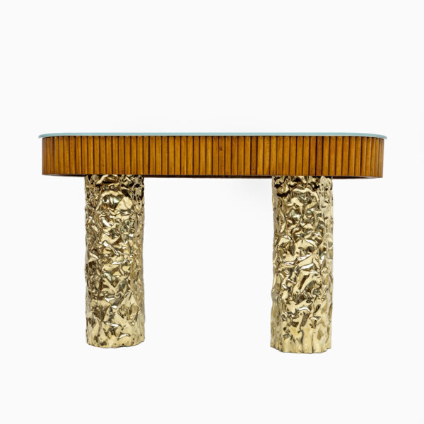 Mid-Century Style Wood and Brass Center Console, Italy, 1990s - Image 7