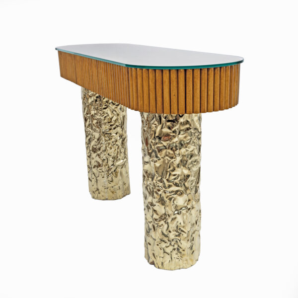 Mid-Century Style Wood and Brass Center Console, Italy, 1990s - Image 4