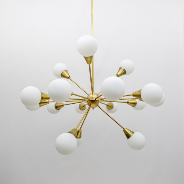 Italian Brass and Glass Opaline Large Sputnik Chandelier, 70s - Image 5