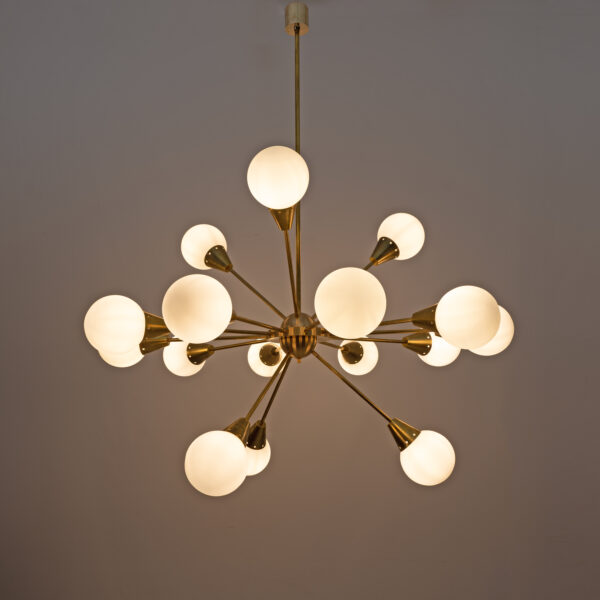 Italian Brass and Glass Opaline Large Sputnik Chandelier, 70s - Image 3