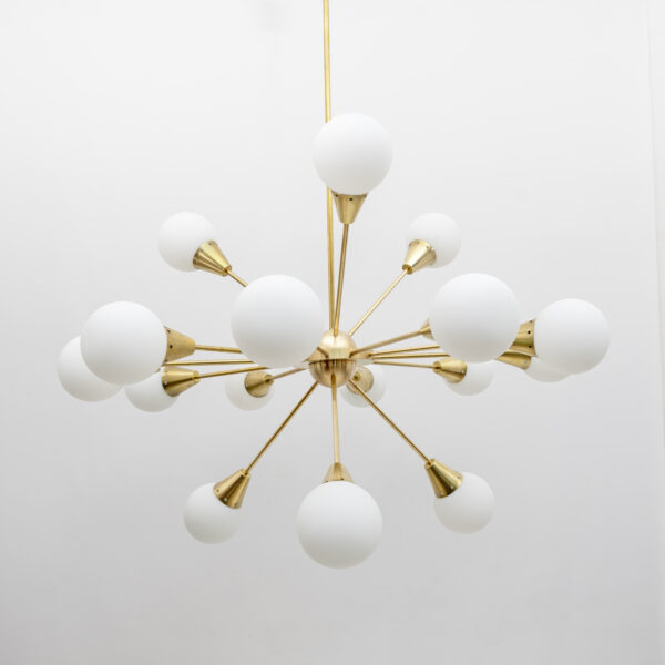 Italian Brass and Glass Opaline Large Sputnik Chandelier, 70s - Image 2